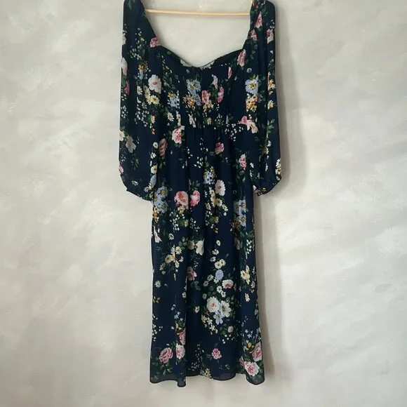 Abercrombie and Fitch long-sleeve draped skirt midi dress floral navy S Petite - Picture 7 of 7